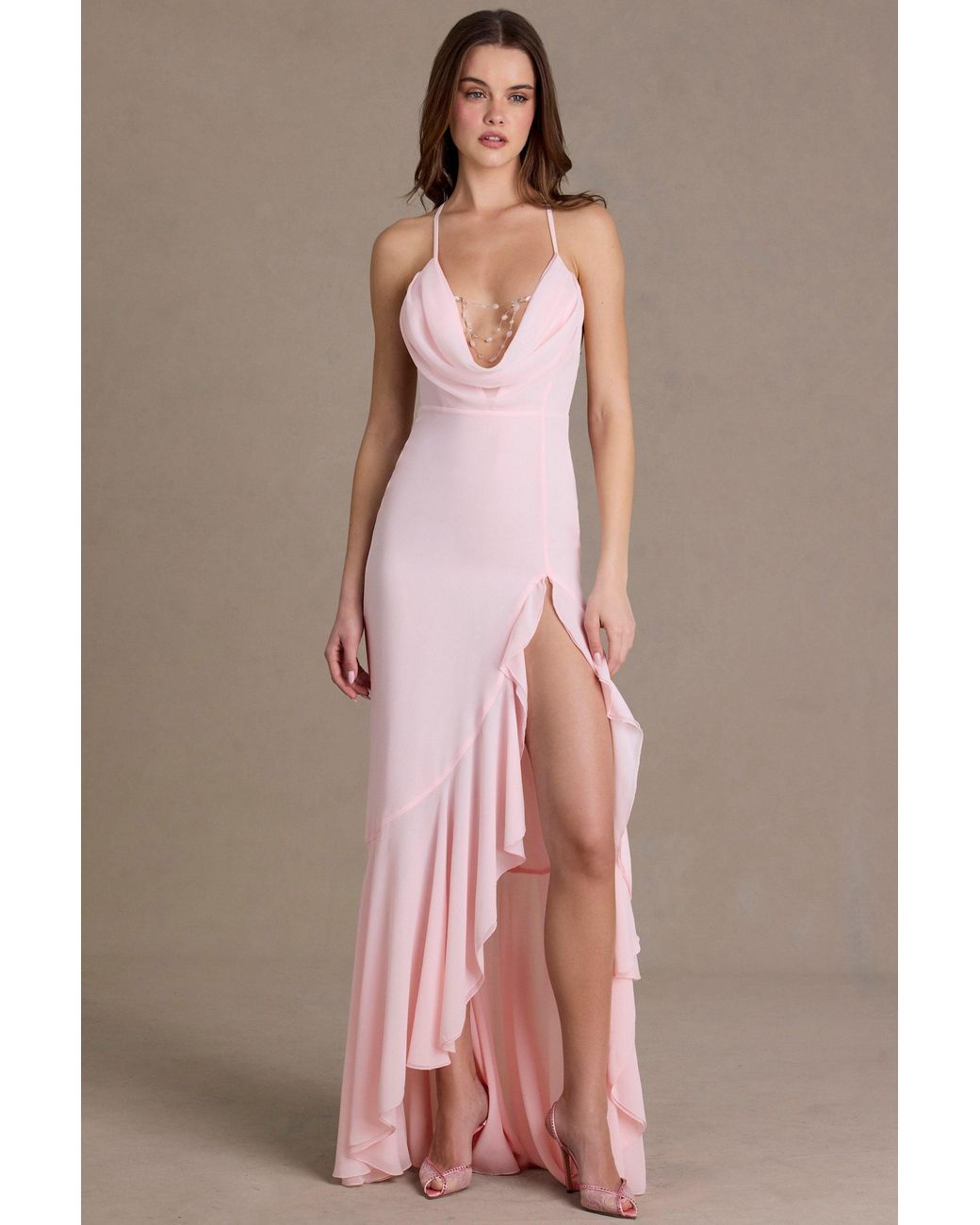 Oh Polly Pink Chiffon Cowl-Neck Open-Back Gown