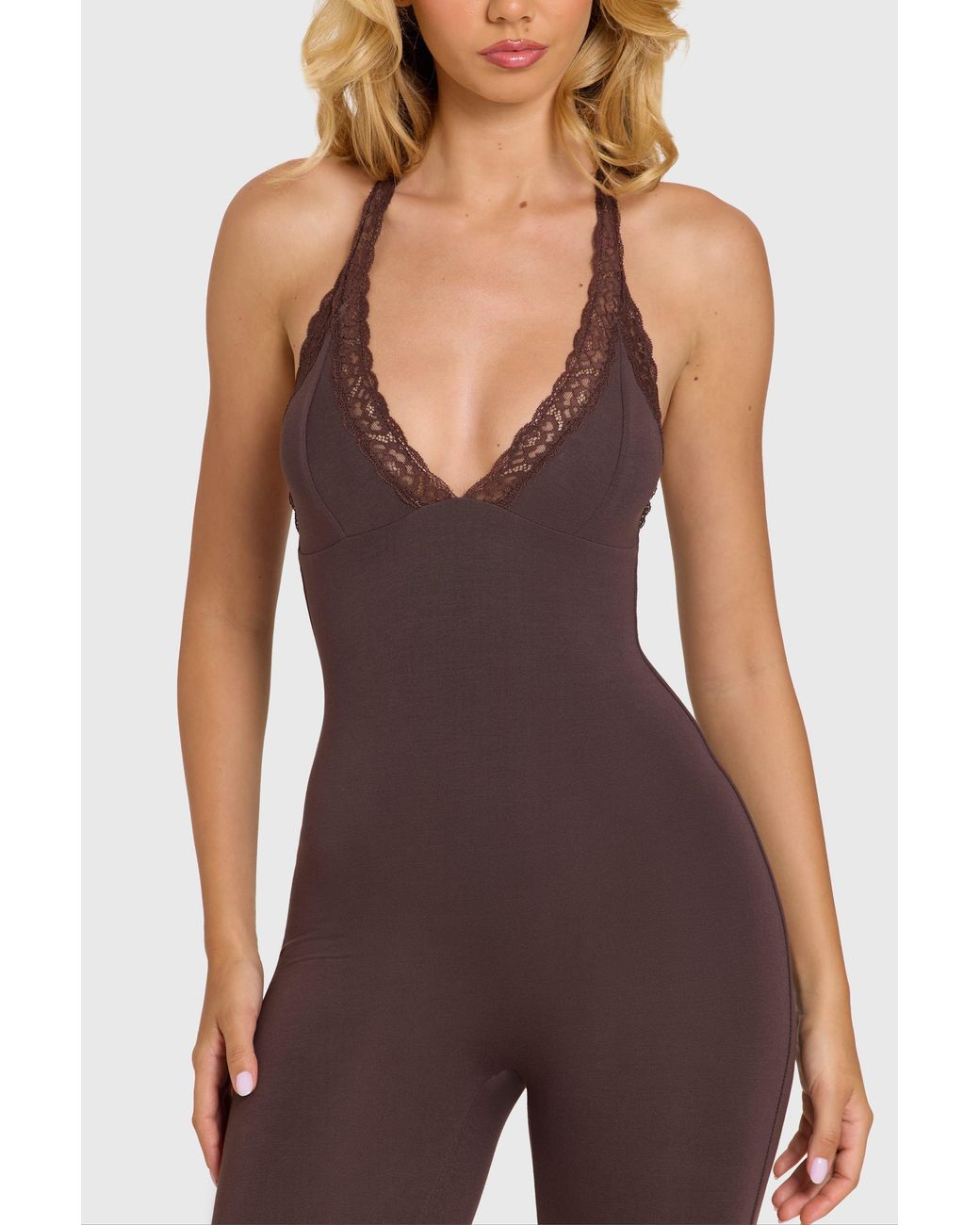 Oh Polly Brown Modal Lace-Trim Capri Jumpsuit