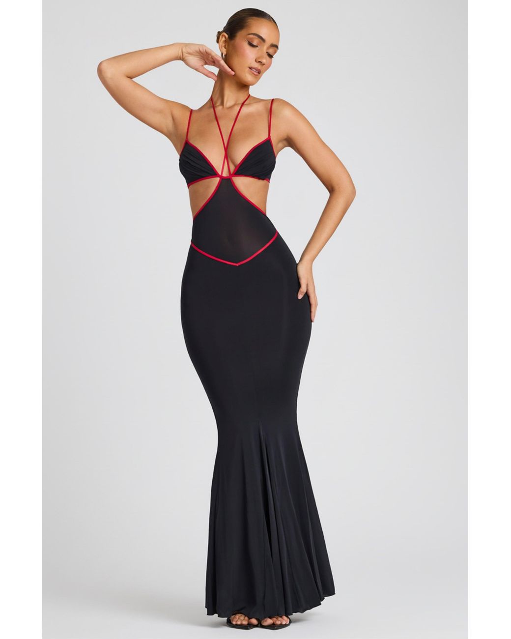 Oh Polly Black Contrast Binding Cut Out Evening Gown