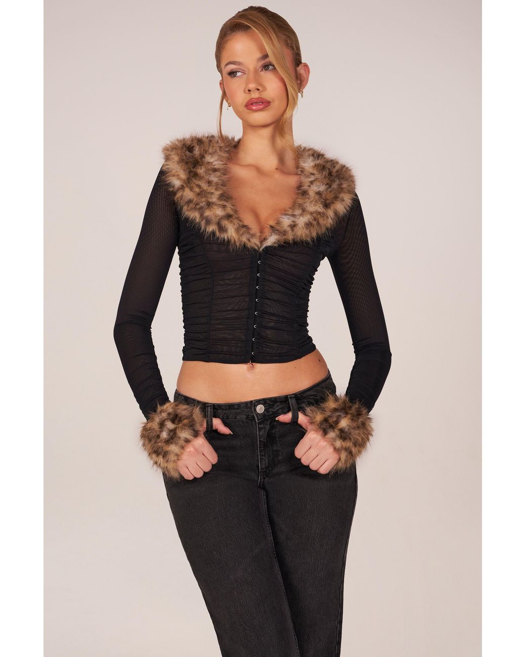 Oh Polly Black Faux Fur-Trim Sheer Mesh Cardigan