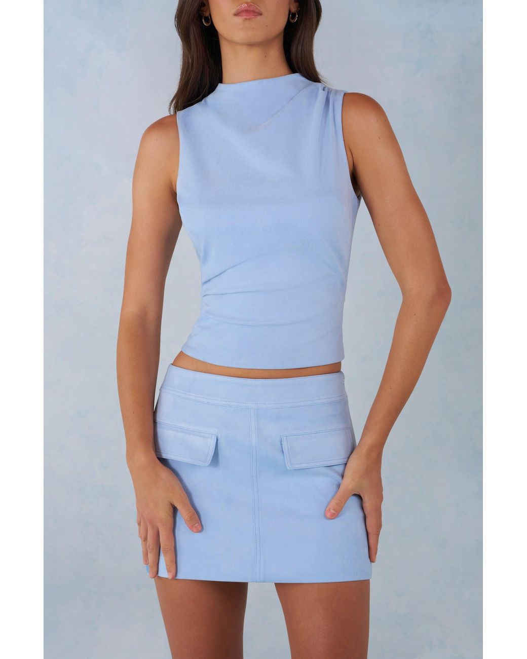 Oh Polly Blue Faux Suede Turtleneck Top