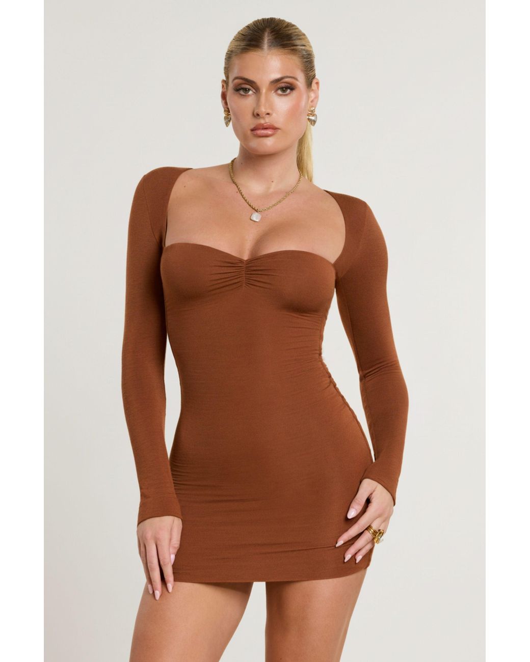 Oh Polly Brown Long Sleeve Ruched Modal Cashmere Blend Mini Dress