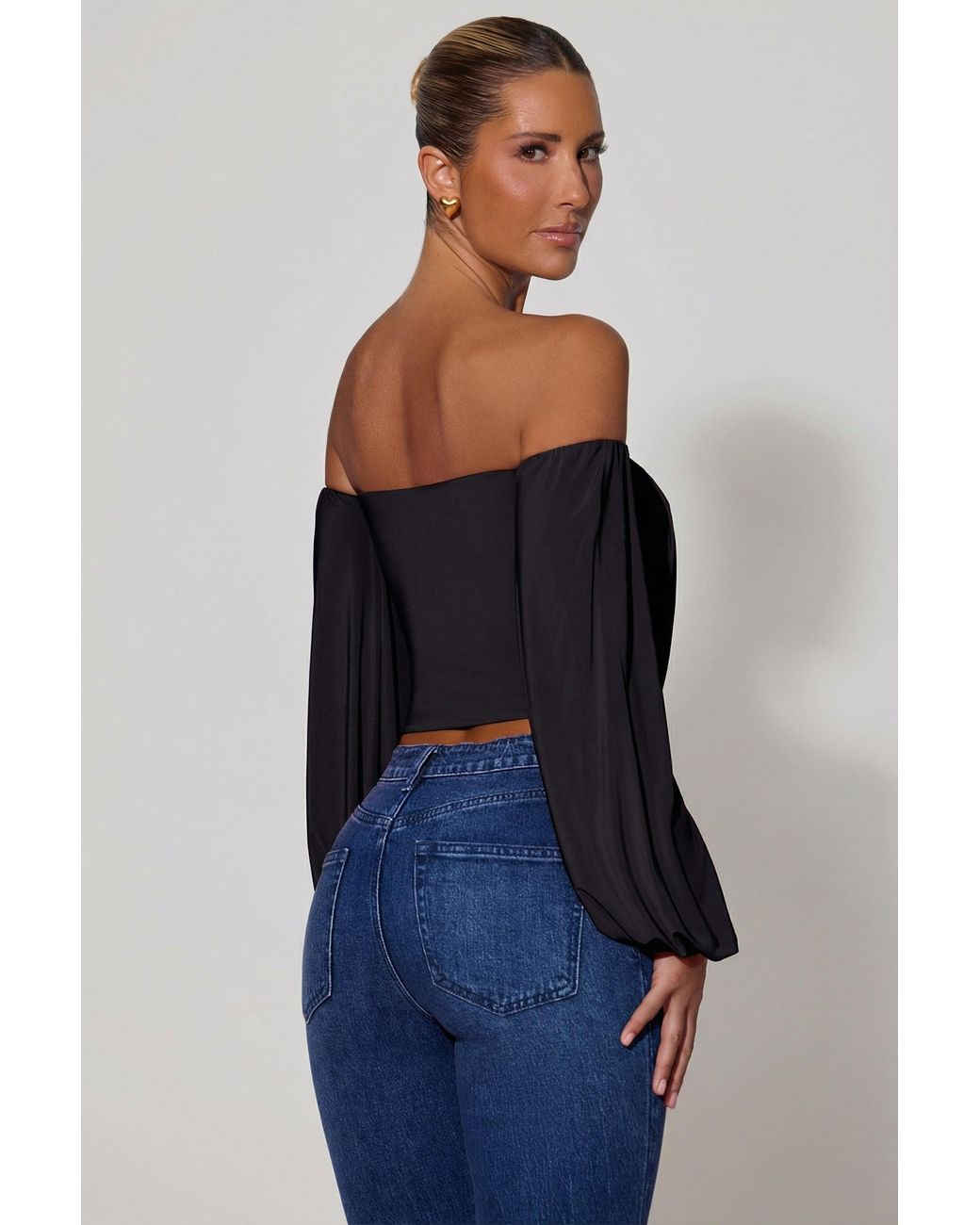 Oh Polly Black Off-Shoulder Draped Balloon-Sleeve Top