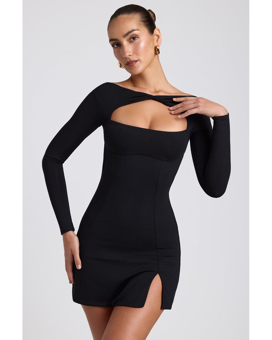 Oh Polly Black Modal Twist-Front Long-Sleeve Mini Dress