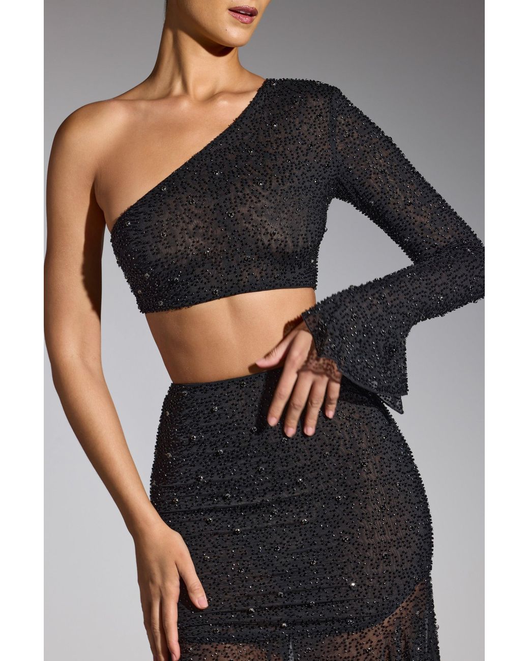 Oh Polly Black Embellished One Shoulder Top