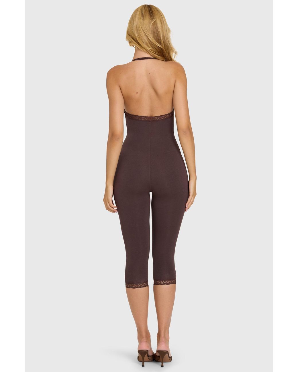 Oh Polly Brown Modal Lace-Trim Capri Jumpsuit