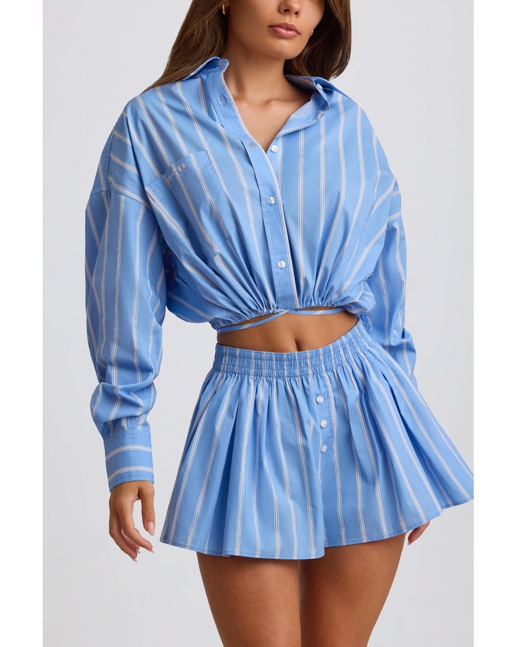 BO+TEE Blue Cotton Poplin Stripe Multiway Cropped Shirt