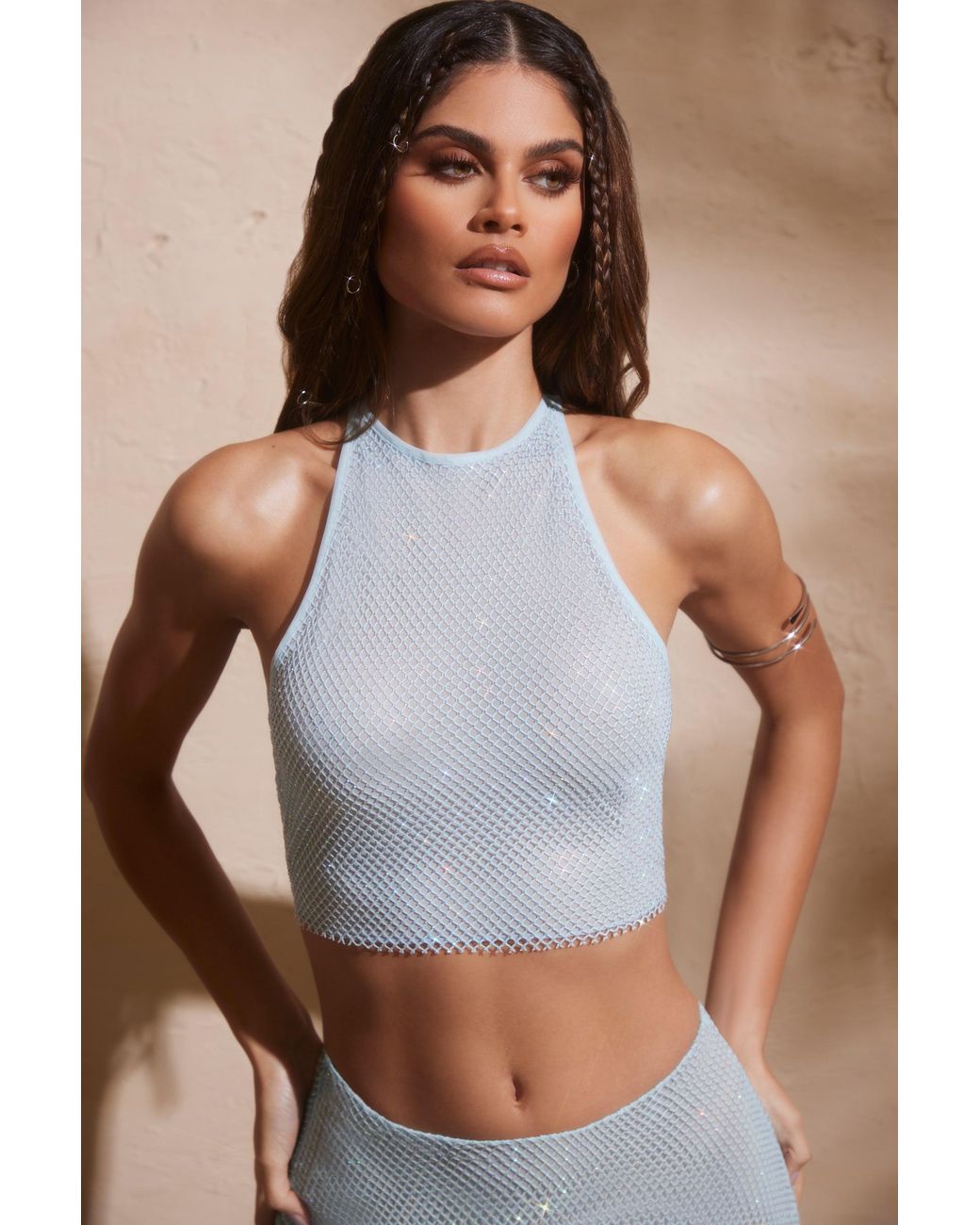 Oh Polly Blue Embellished Racer Neck Open Back Crop Top