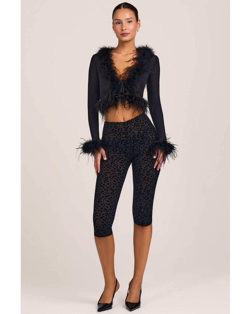 Oh Polly Black Flocked Leopard Mesh Capri Trousers