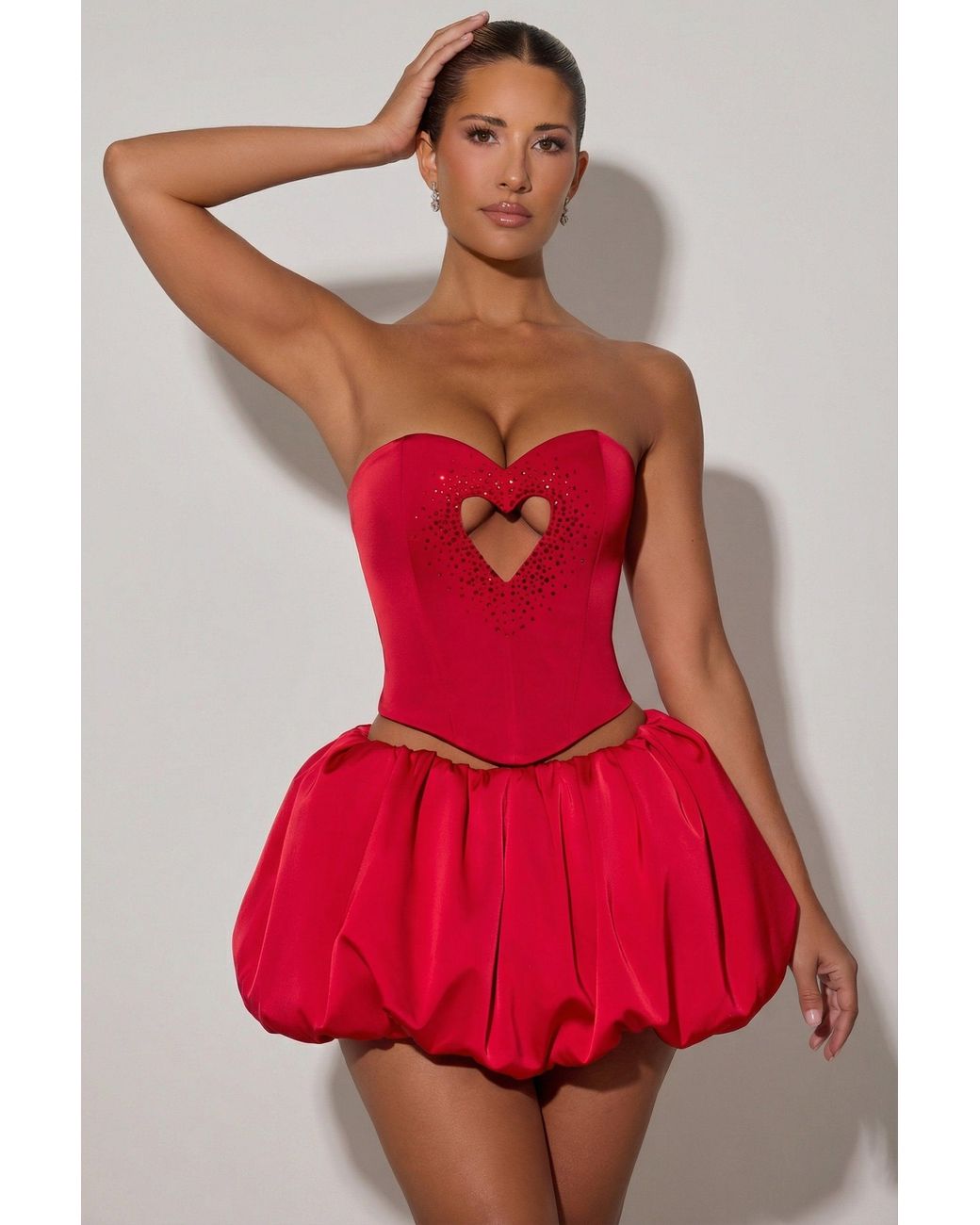 Oh Polly Red Embellished Heart Cut-Out Strapless Corset Top