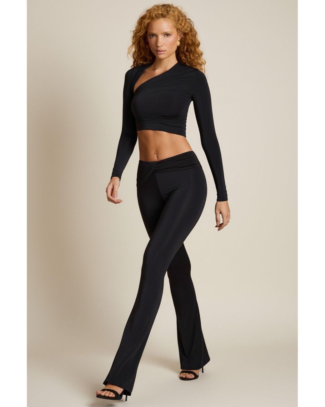Oh Polly Black Asymmetric Draped Mid-Rise Flared Trousers
