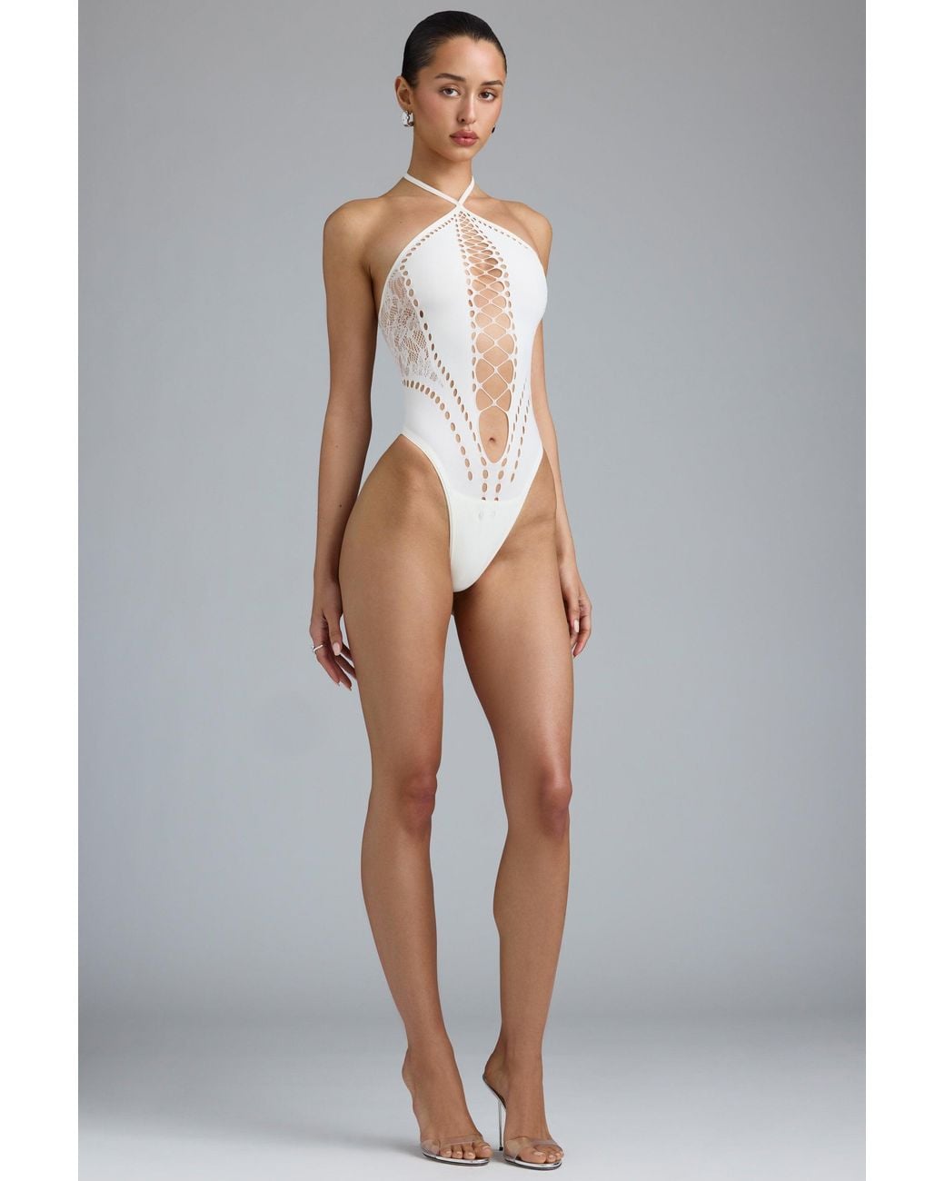 Oh Polly White Lace-Up Halterneck Bodysuit