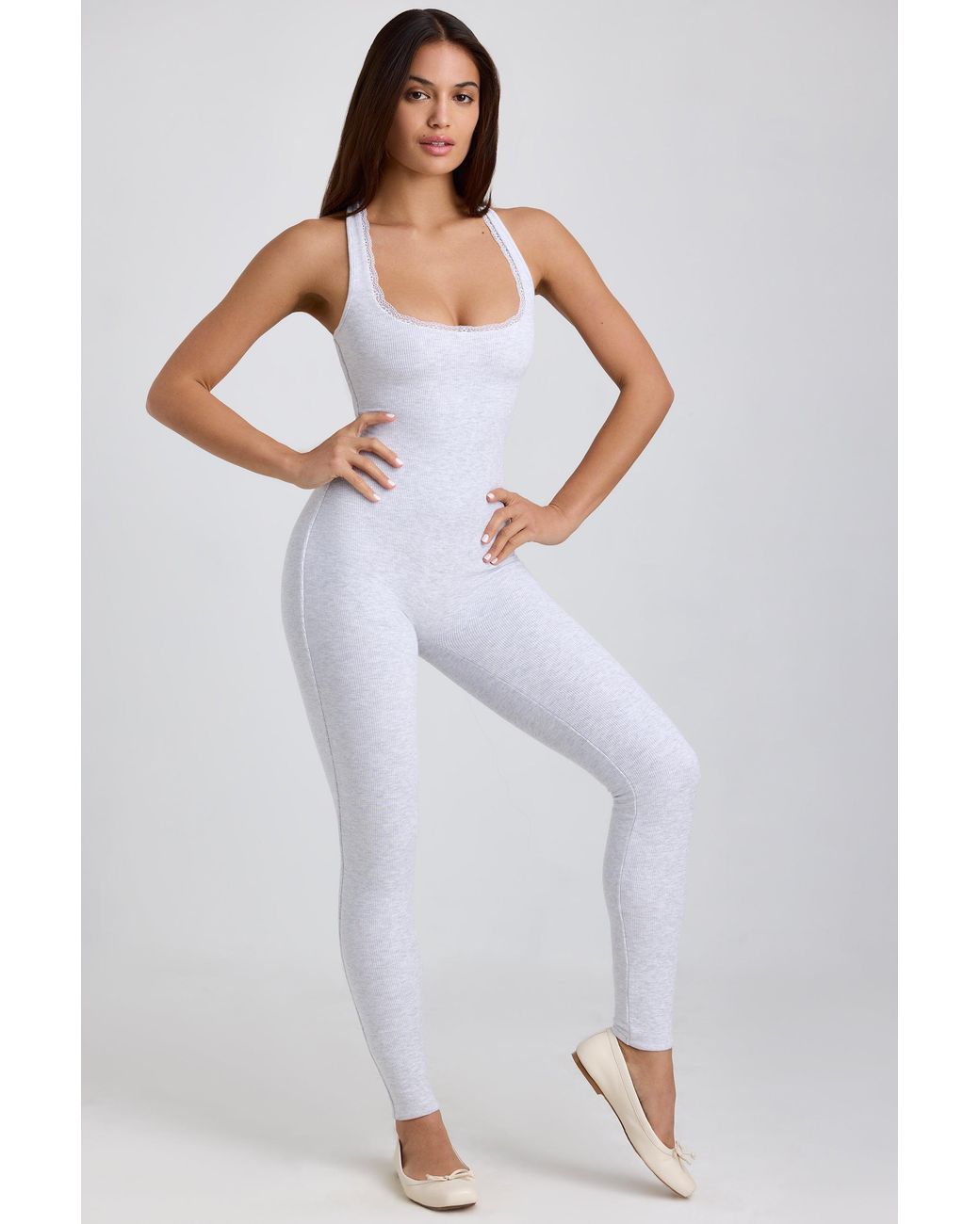 Oh Polly Gray Ribbed Modal Lace-Trim Jumpsuit