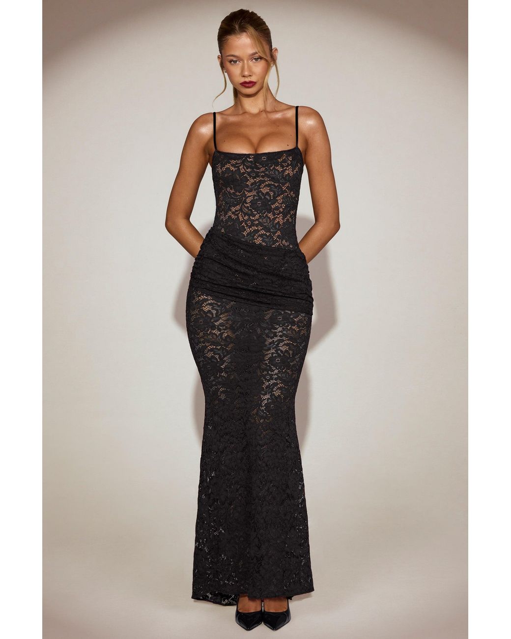 Oh Polly Black Sheer Lace Square-Neck Ruched Gown