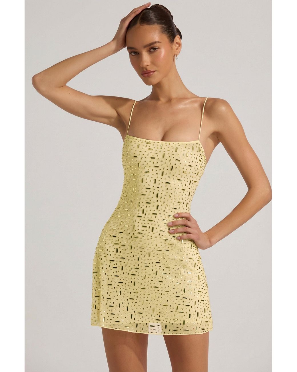 Oh Polly Yellow Sheer Embellished Square-Neck Mini Dress
