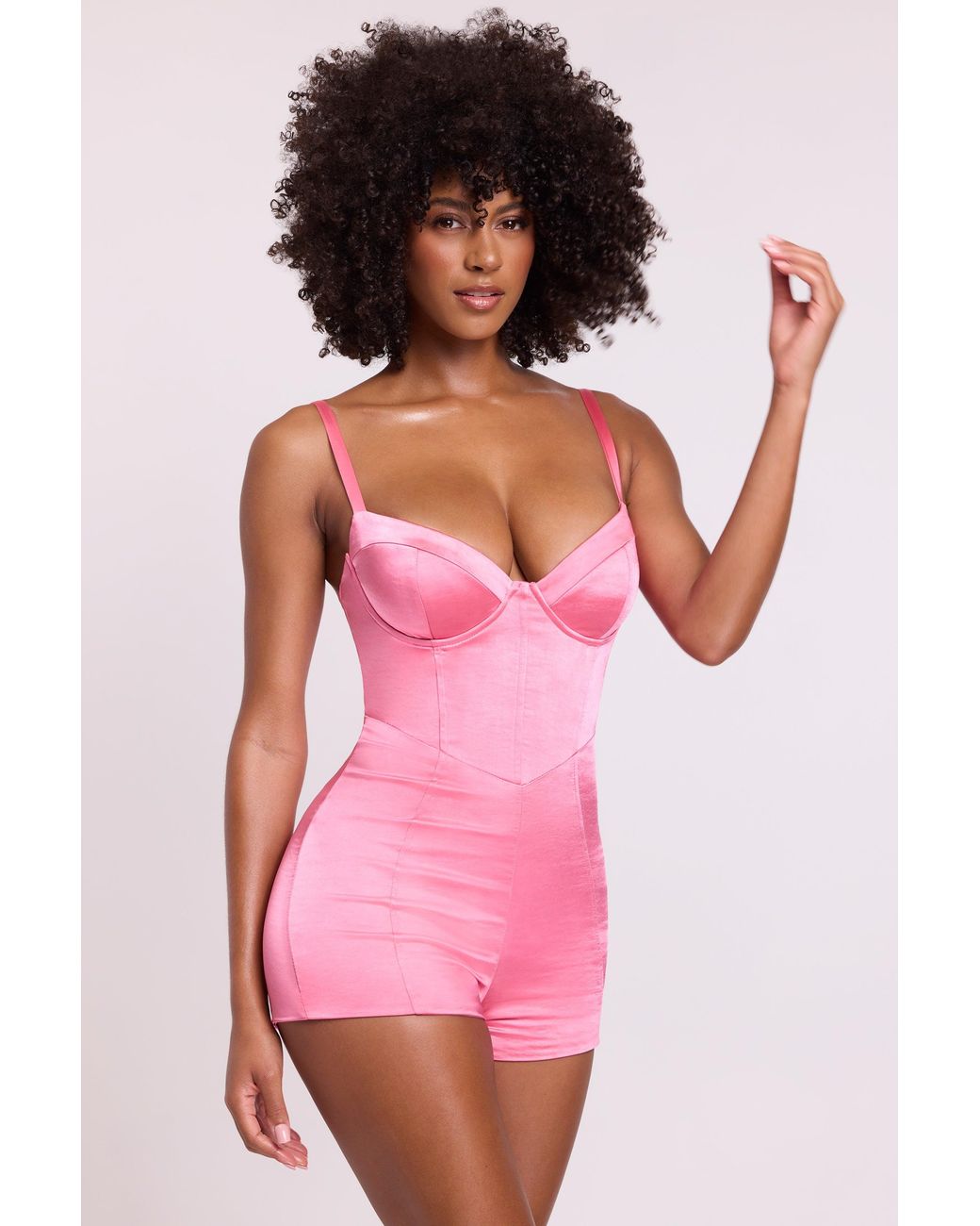 Oh Polly Pink Satin Corset Mini Playsuit