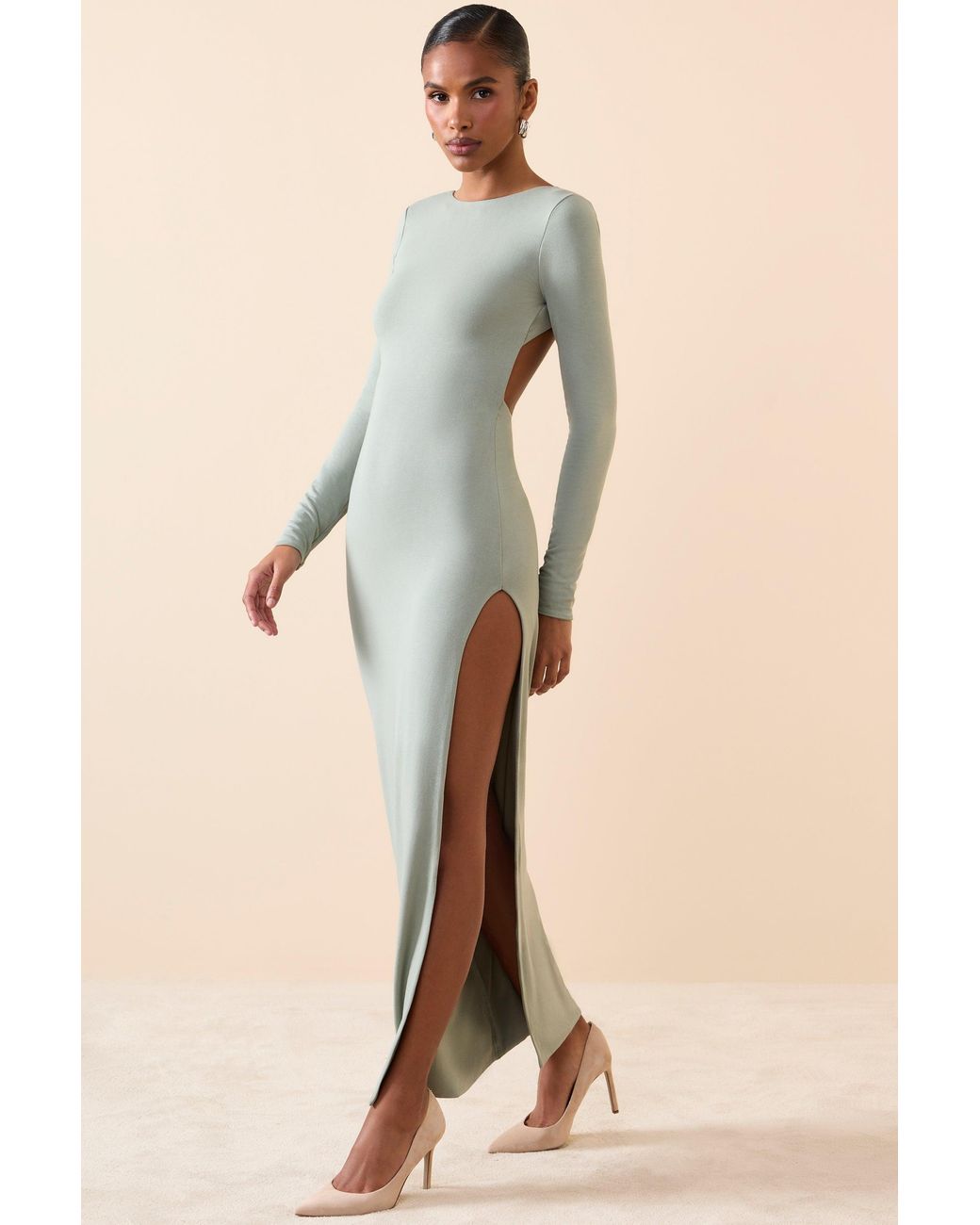 Oh Polly Green Long Sleeve Backless Maxi Dress