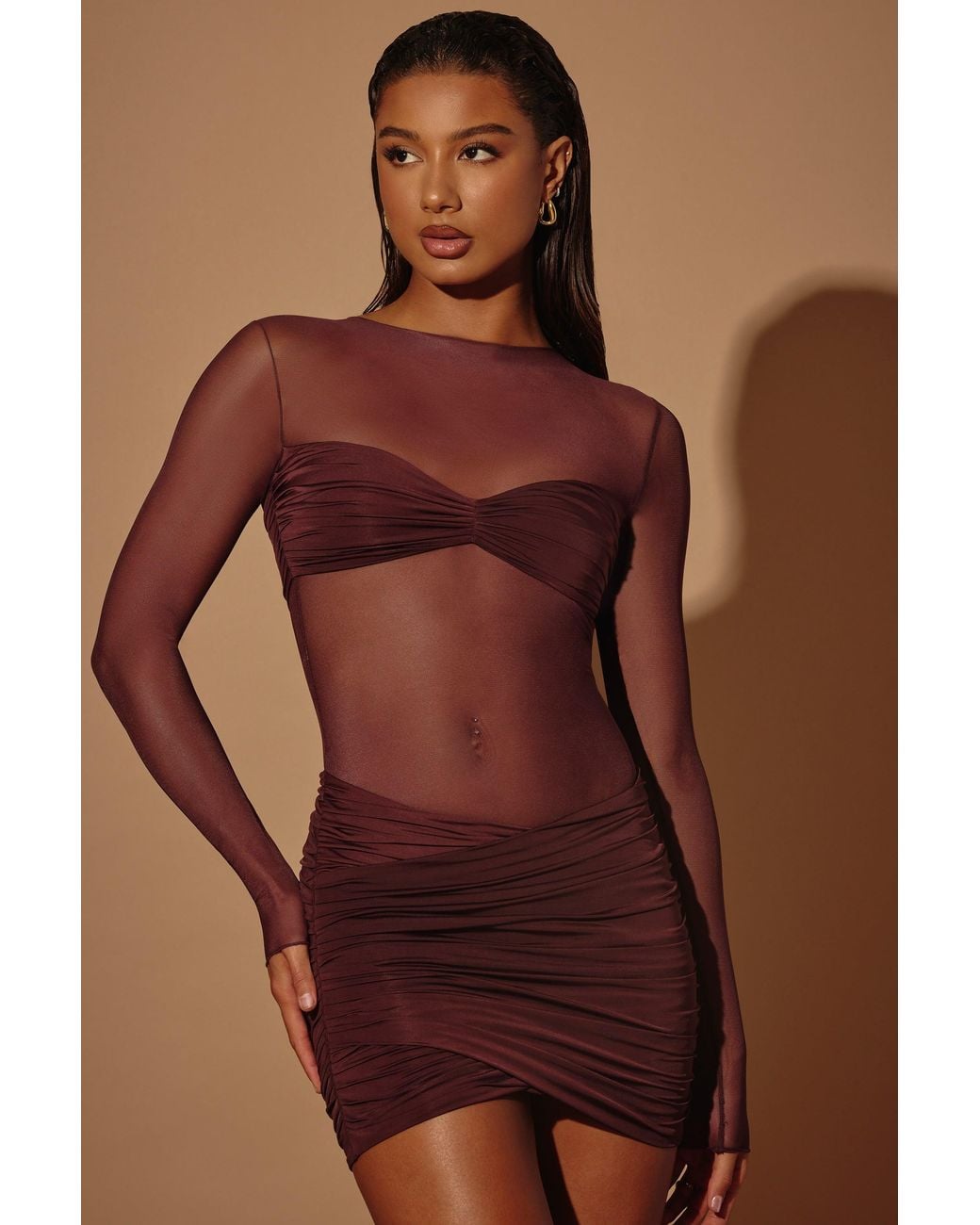 Oh Polly Brown Sheer Panelled Long Sleeve Mini Dress
