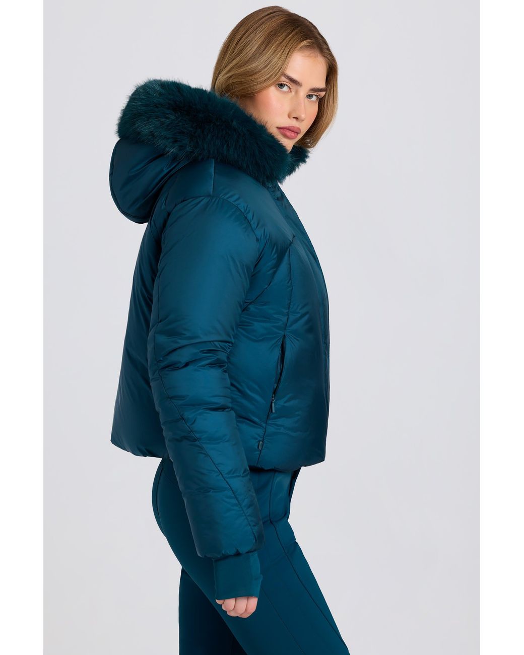 BO+TEE Blue Waterproof Faux-Fur Hood Cropped Ski Jacket