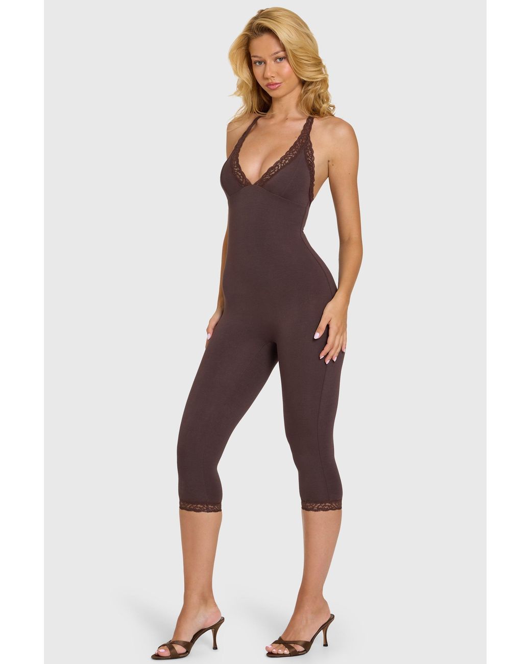 Oh Polly Brown Modal Lace-Trim Capri Jumpsuit