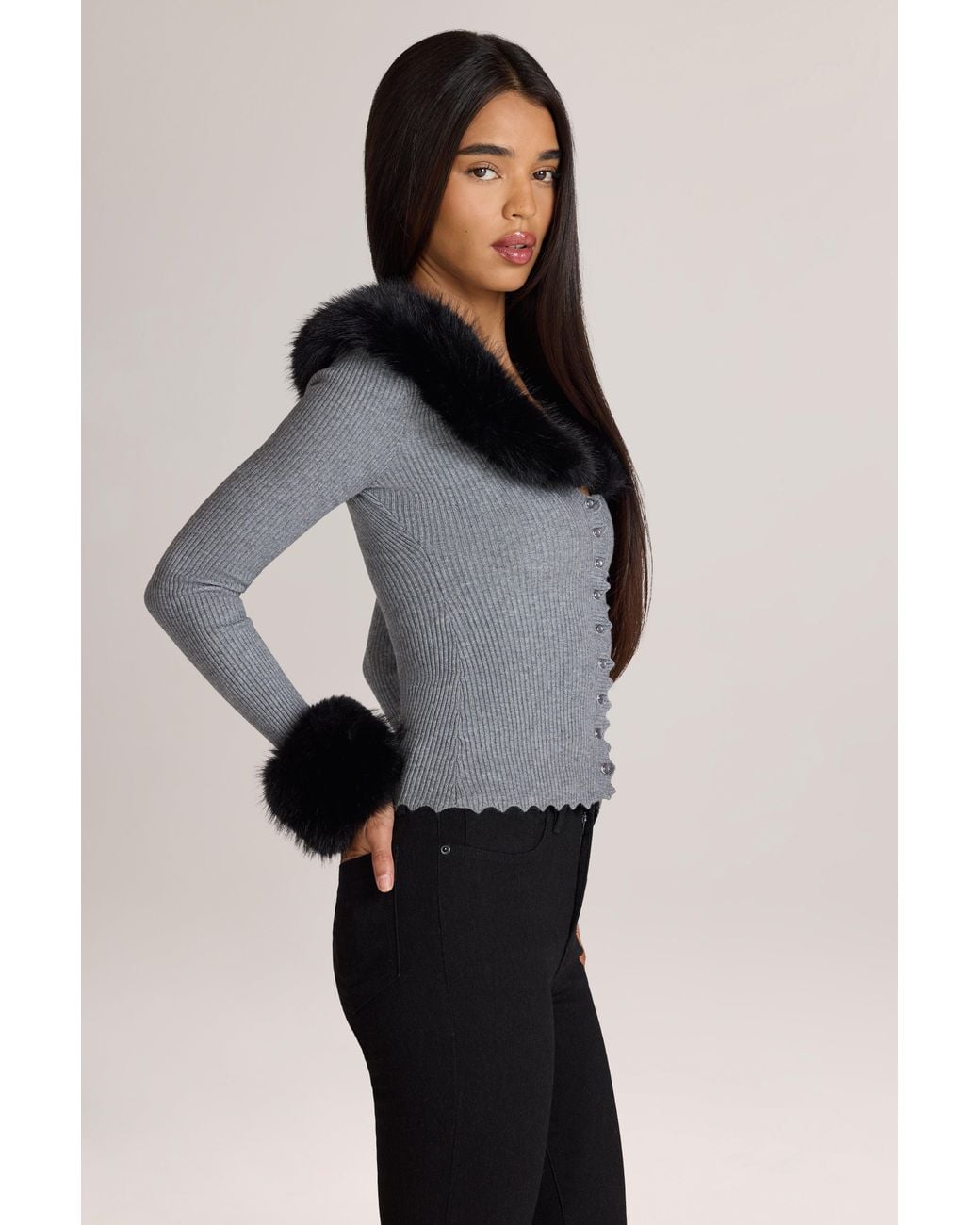 Oh Polly Gray Knit Faux-Fur-Trim Cardigan