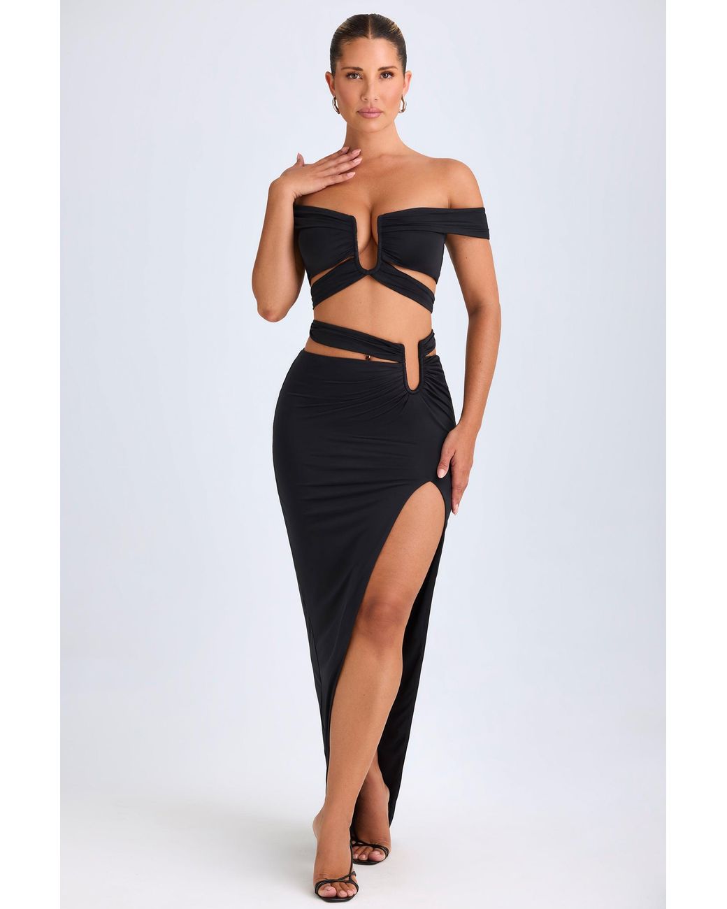 Oh Polly Black Asymmetric Cut-Out Maxi Skirt