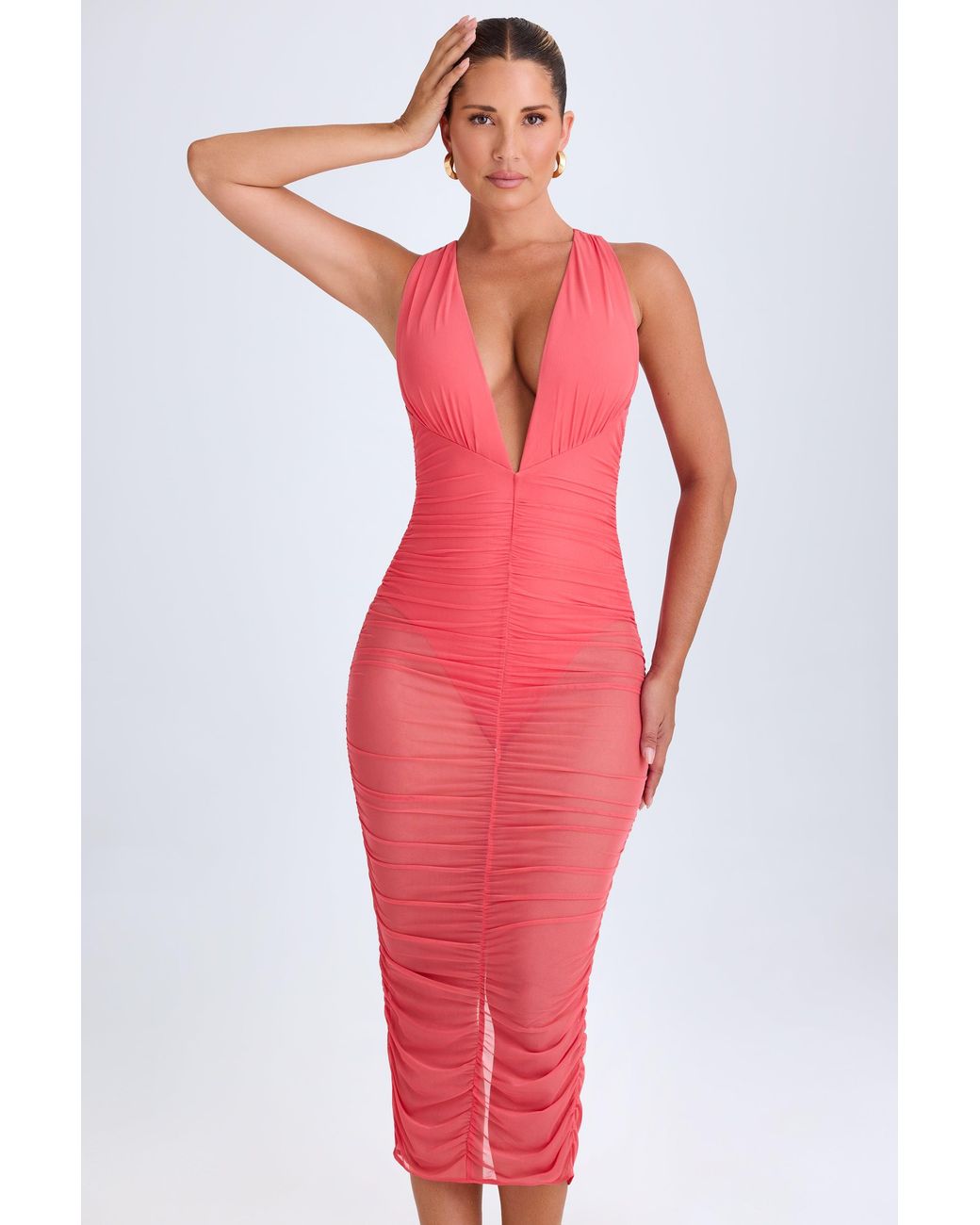 Oh Polly Pink Ruched Plunge Midaxi Dress