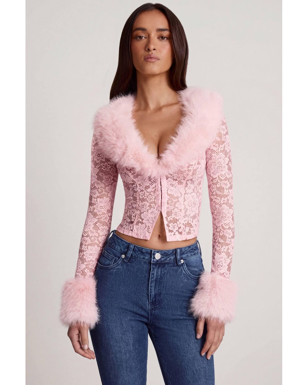 Oh Polly Pink Sheer Lace Faux-Fur-Trim Cardigan