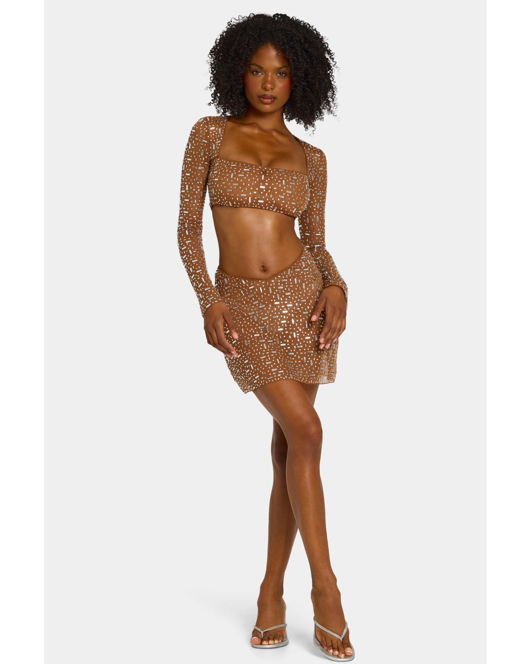 Oh Polly Brown Sheer Embellished V Waist Mini Skirt