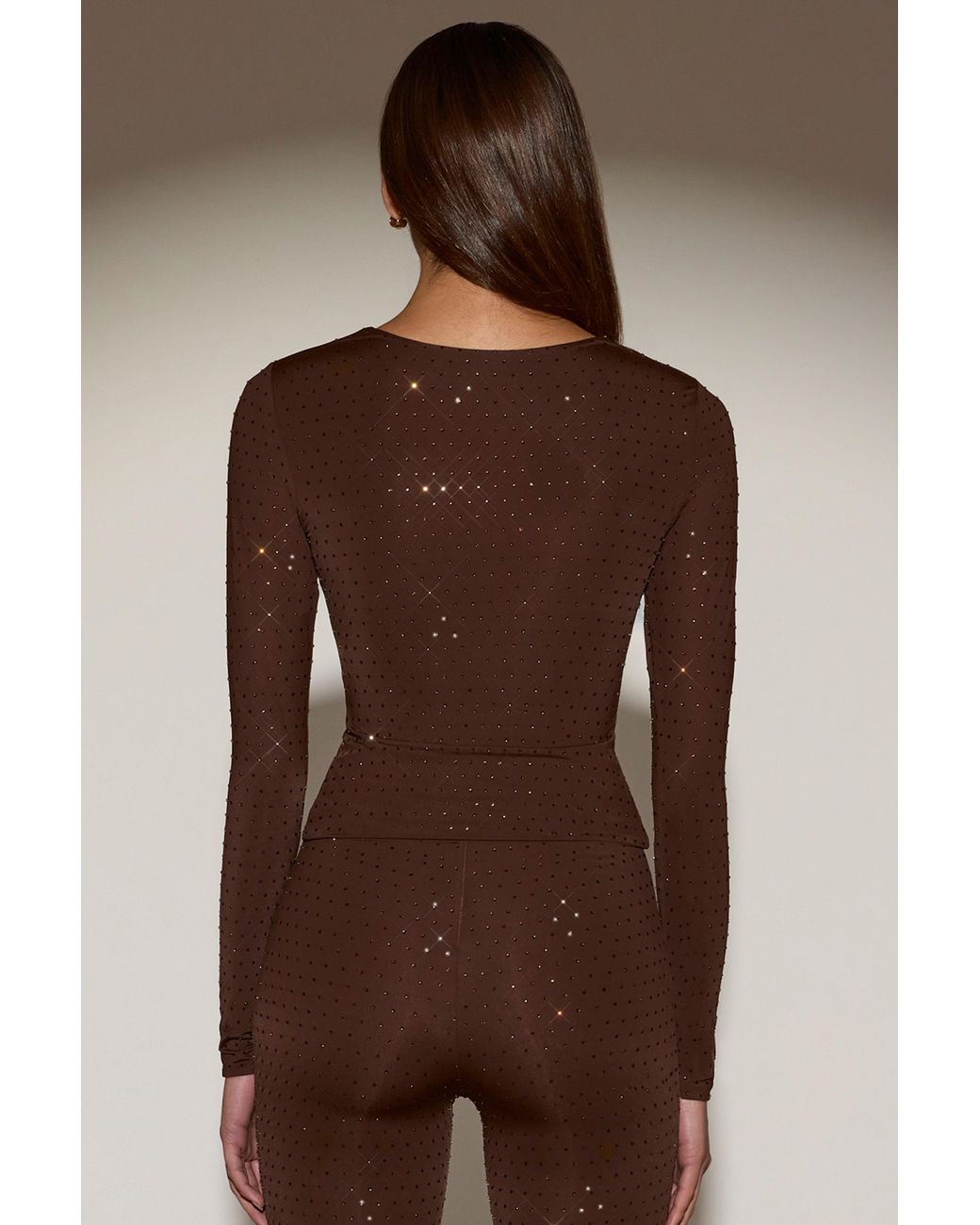 Oh Polly Brown Embellished Crew-Neck Long-Sleeve Top