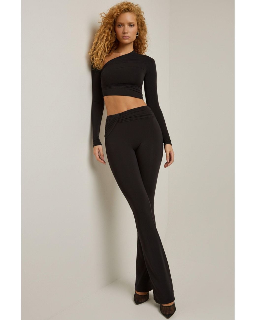 Oh Polly Black Asymmetric Draped Mid-Rise Flared Trousers
