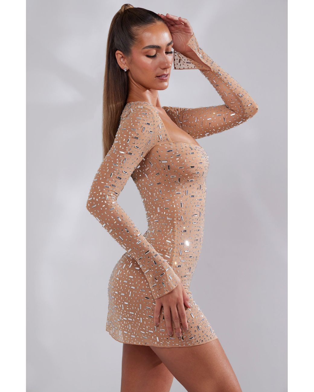 Oh Polly Natural Sheer Embellished Long Sleeve A-Line Mini Dress