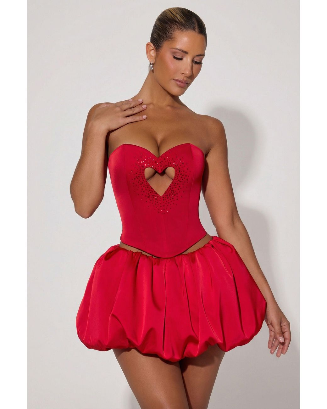 Oh Polly Red Embellished Heart Cut-Out Strapless Corset Top
