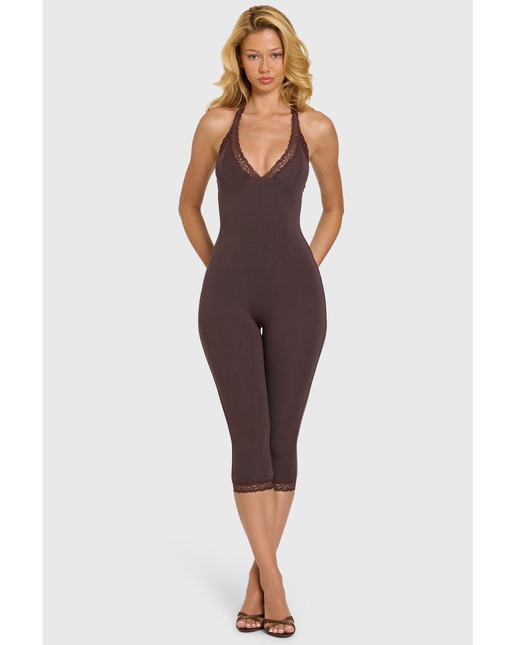 Oh Polly Brown Modal Lace-Trim Capri Jumpsuit