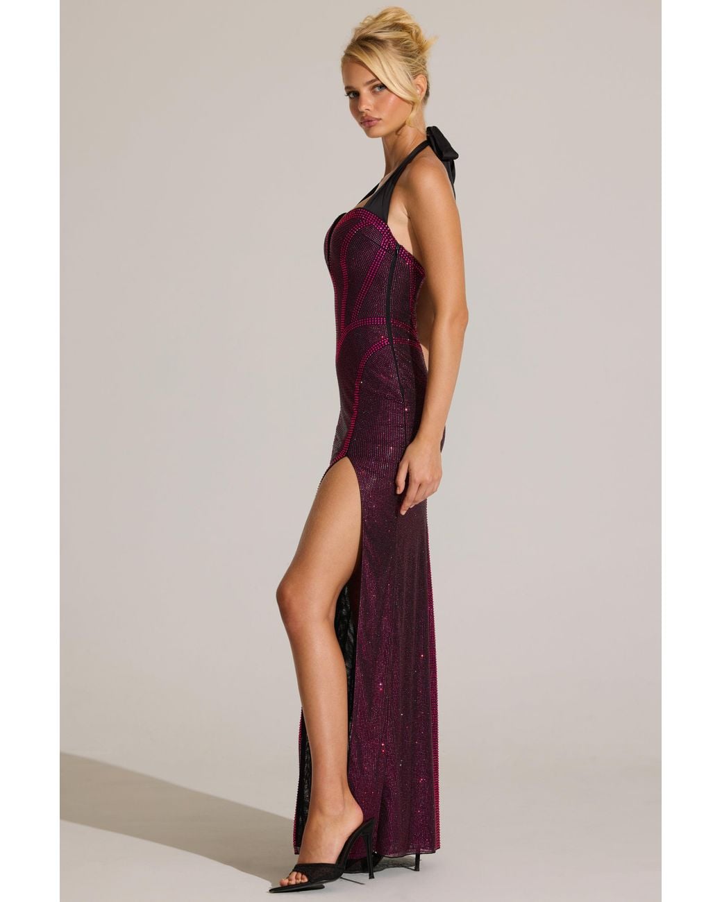 Oh Polly Pink Embellished Halterneck Maxi Dress