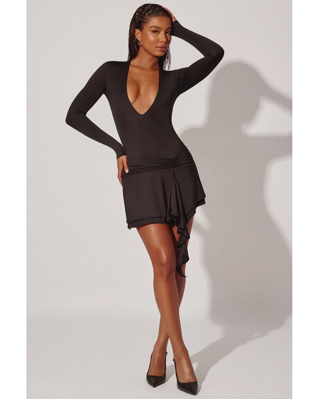 Oh Polly Black Plunge Neck Long Sleeve Mini Dress