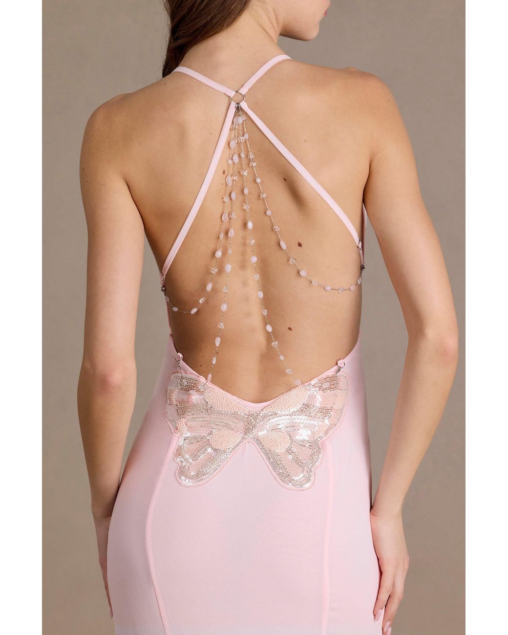 Oh Polly Pink Chiffon Cowl-Neck Open-Back Gown