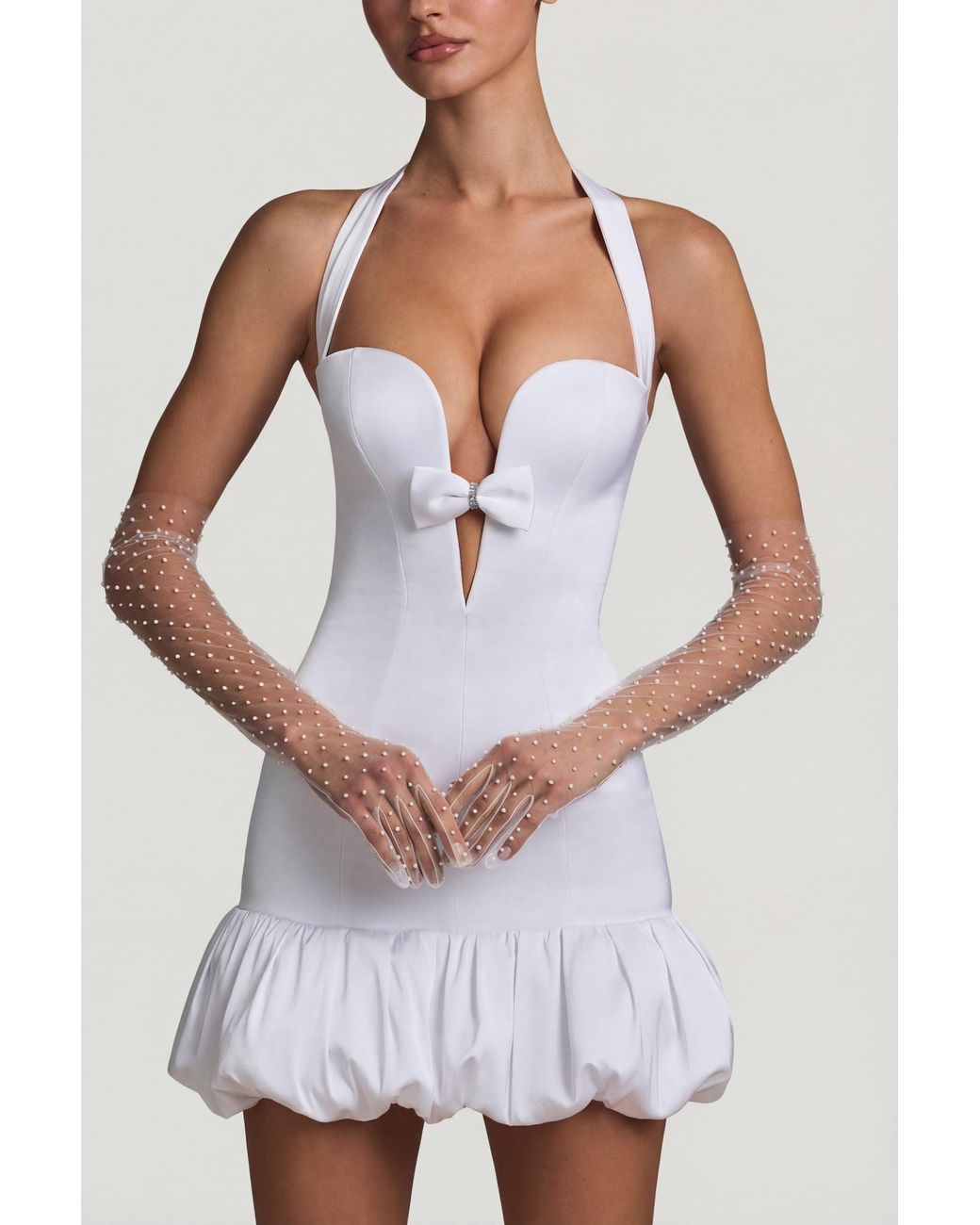 Oh Polly White Bow-Detail Halterneck Bubble Hem Mini Dress