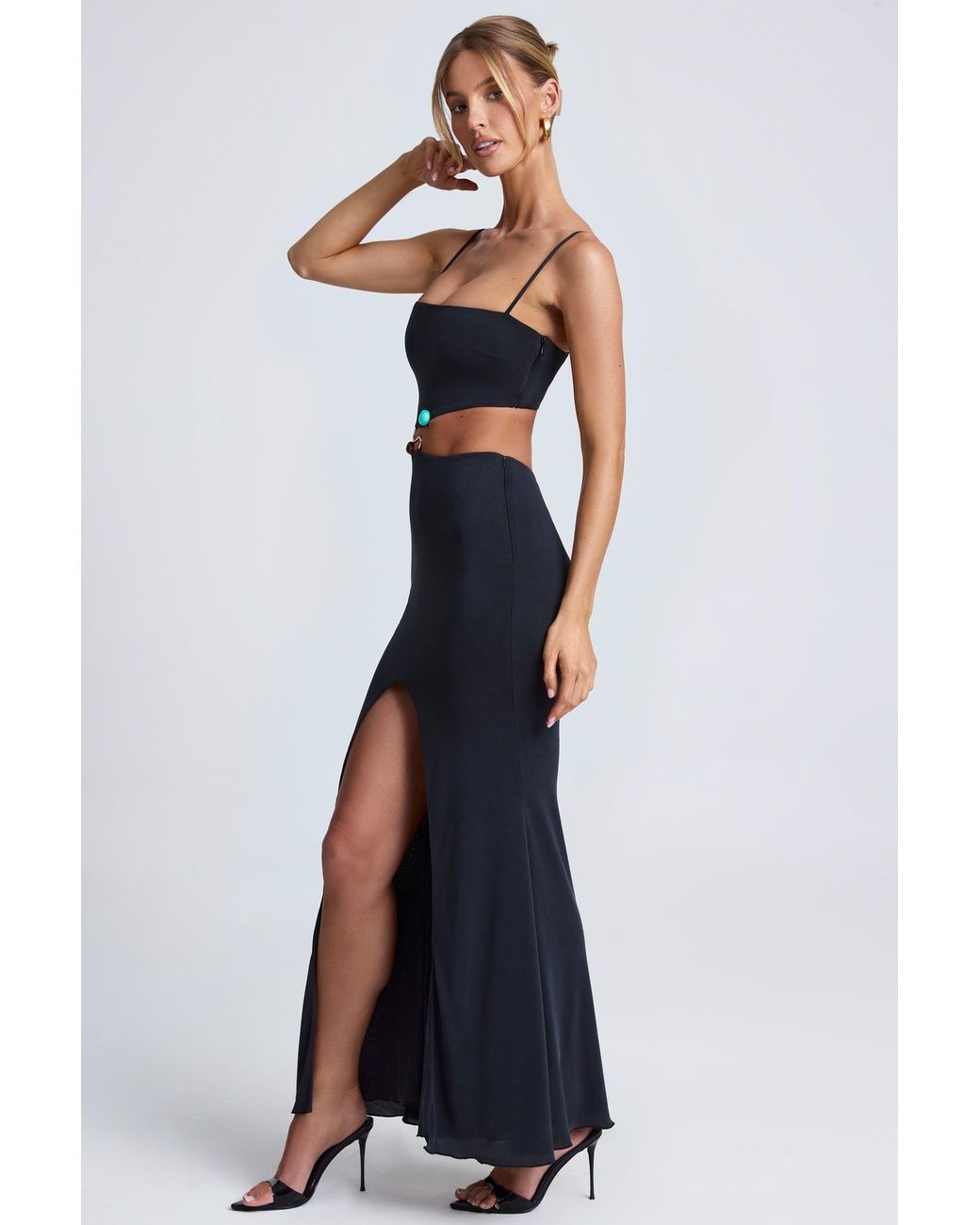 Oh Polly Black Hardware Detail Cut-Out Maxi Dress
