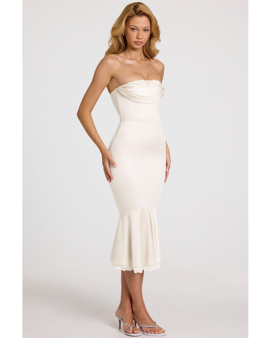 Oh Polly White Satin Lace-Trim Bandeau Fluted Midaxi Dress