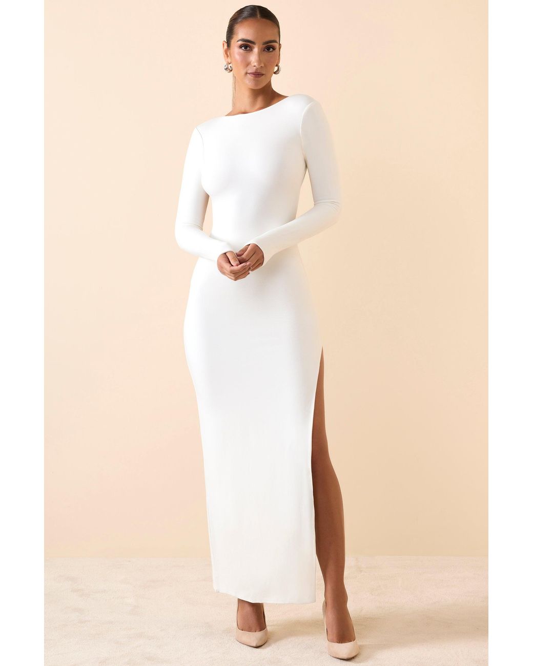 Oh Polly White Long Sleeve Backless Maxi Dress