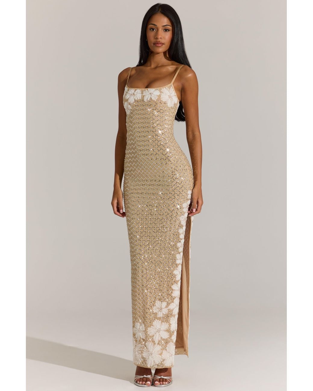 Oh Polly Metallic Embellished Square-Neck Maxi Dress