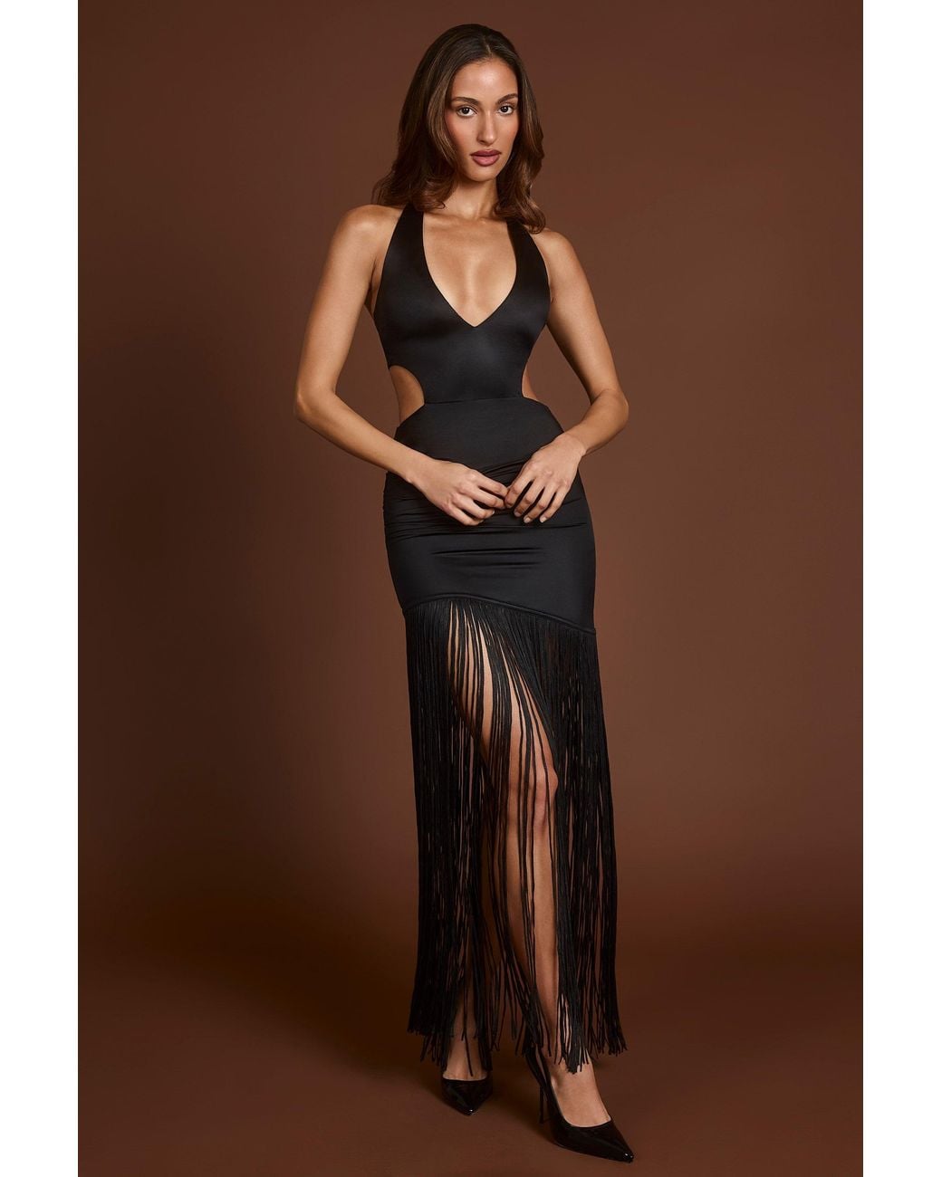 Oh Polly Black Fringed Plunge-Neck Maxi Dress