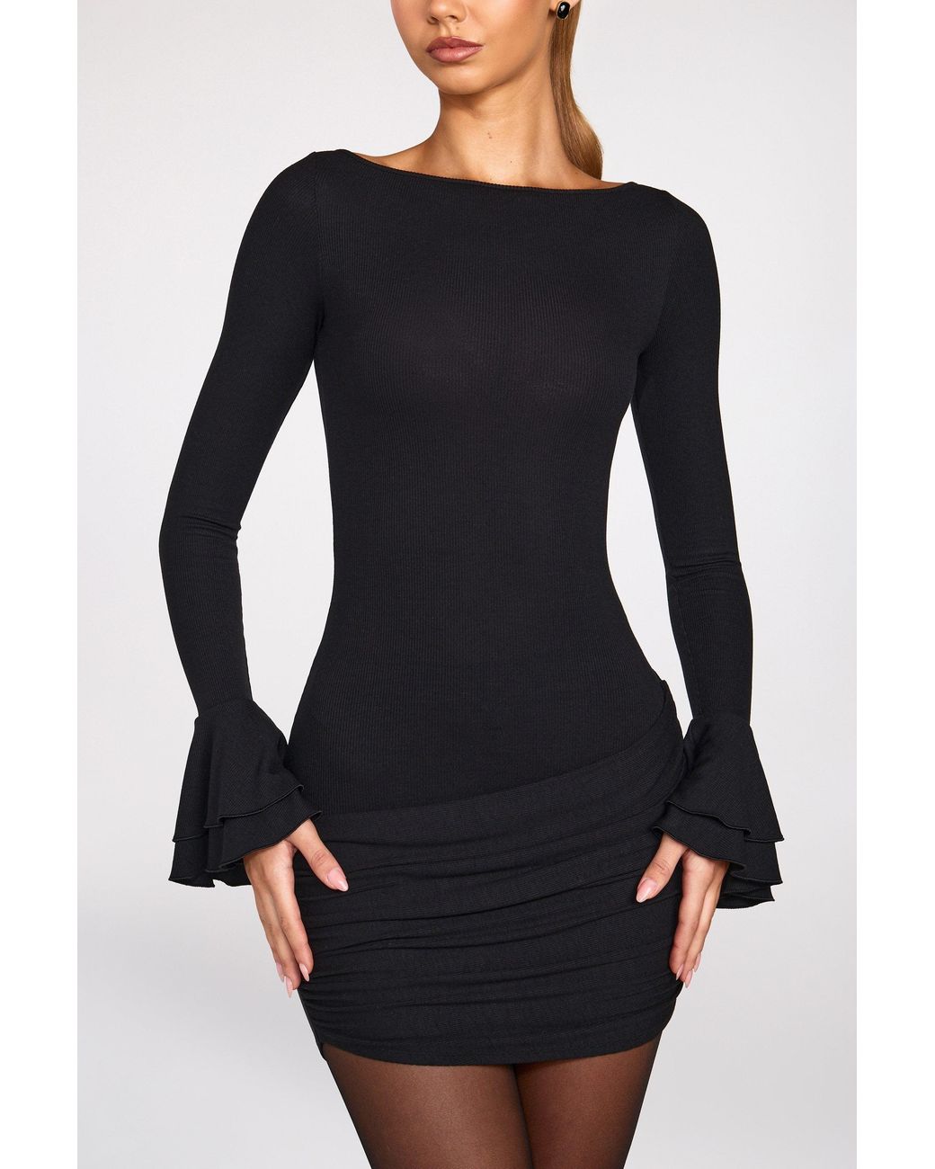 Oh Polly Black Ribbed Modal Long-Sleeve Draped Mini Dress