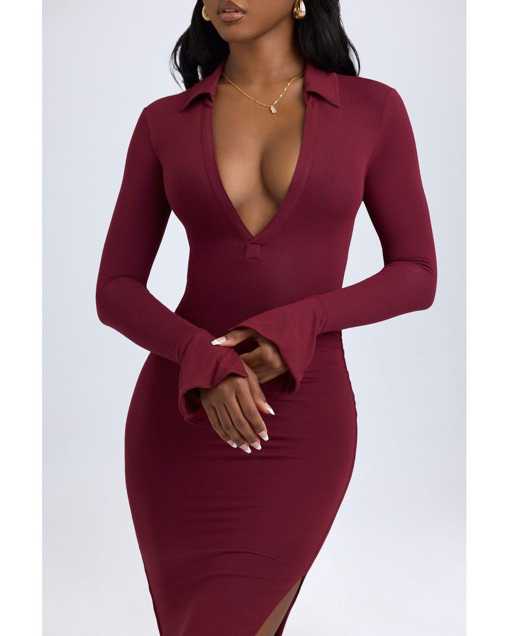 Oh Polly Red Modal Plunge V-Neck Midaxi Dress