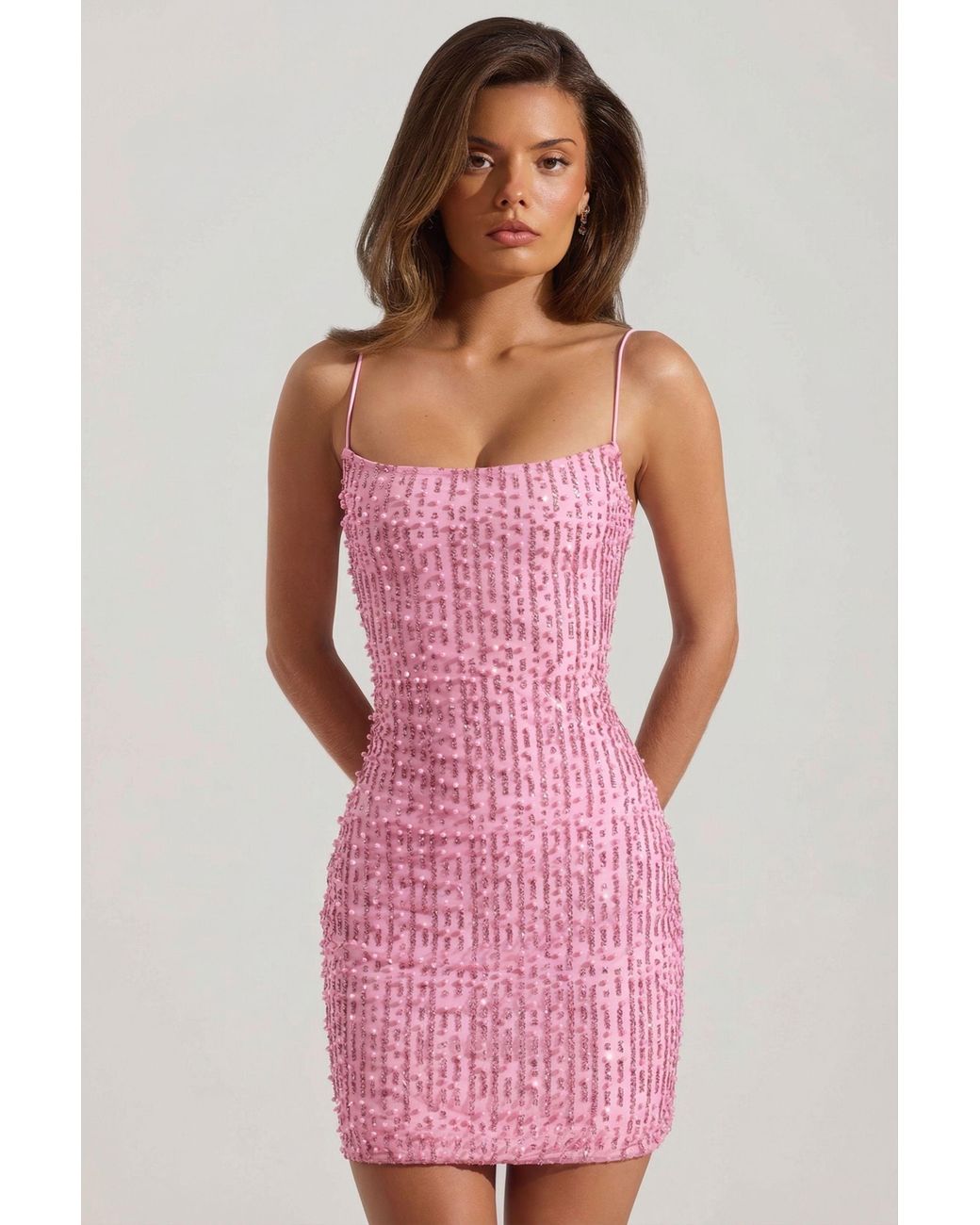Oh Polly Pink Embellished Scoop-Neck Bodycon Mini Dress