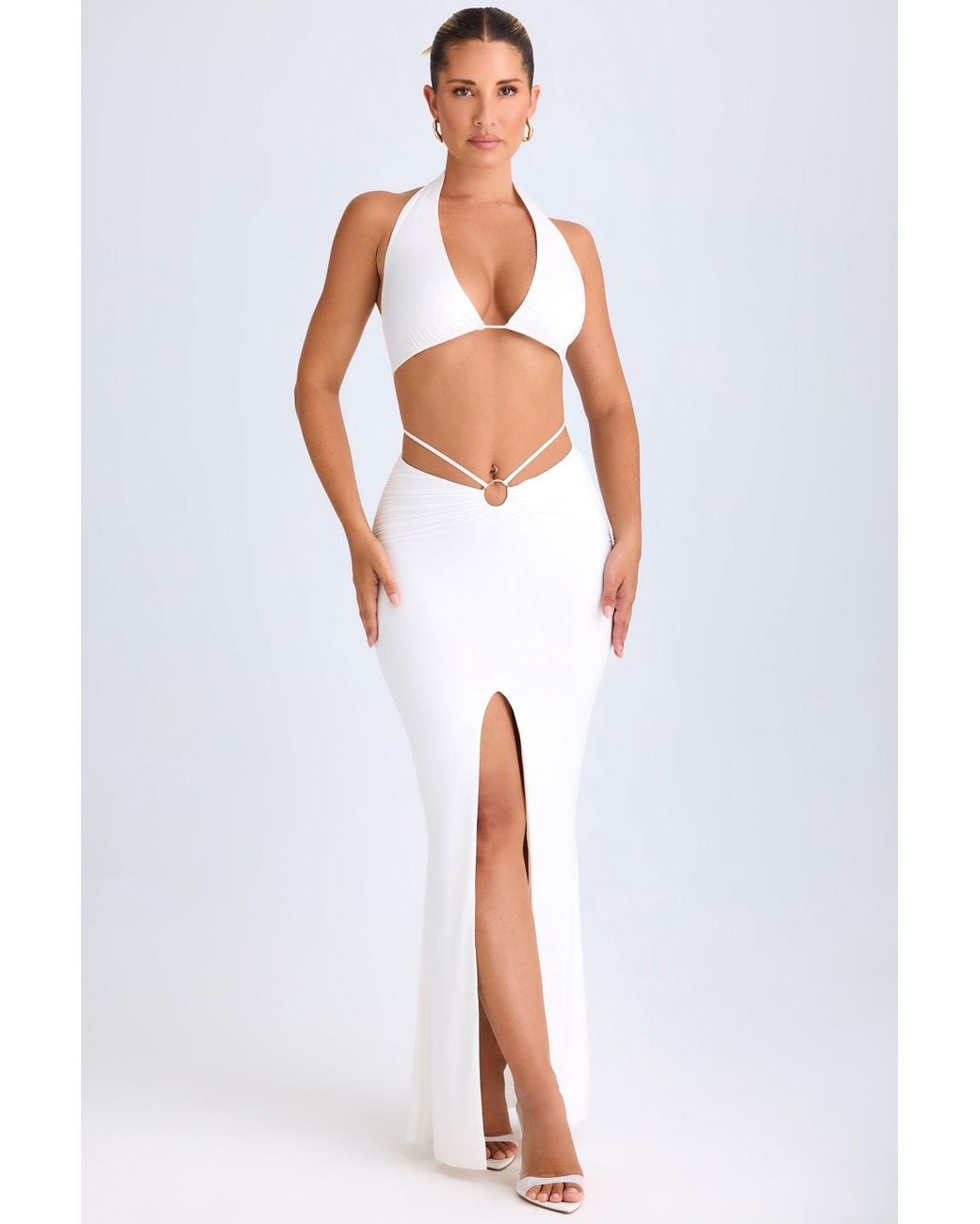 Oh Polly White Hardware-Detail Mid-Rise Maxi Skirt
