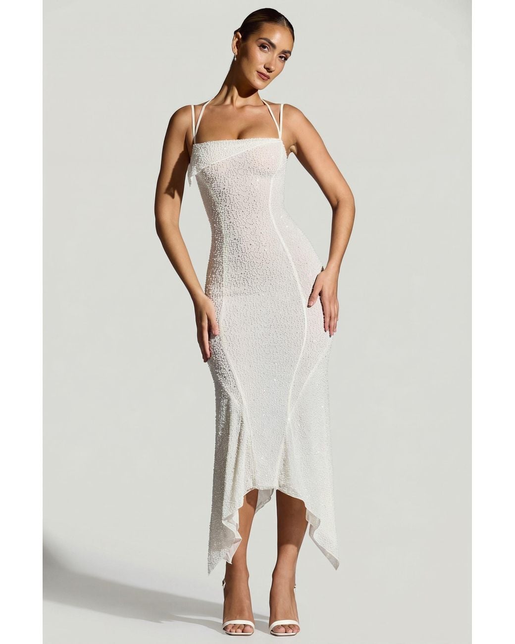 Oh Polly White Embellished Handkerchief Hem Maxi Dress
