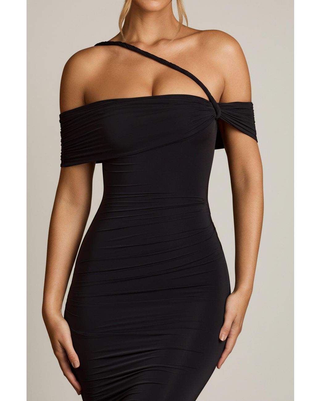 Oh Polly Black Off-Shoulder Draped Midaxi Dress