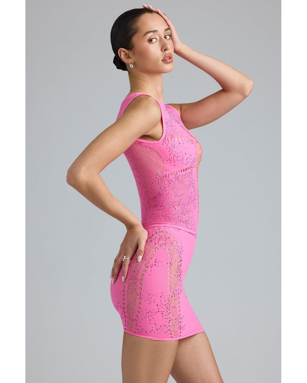 Oh Polly Pink Embellished Mid-Rise Mini Skirt
